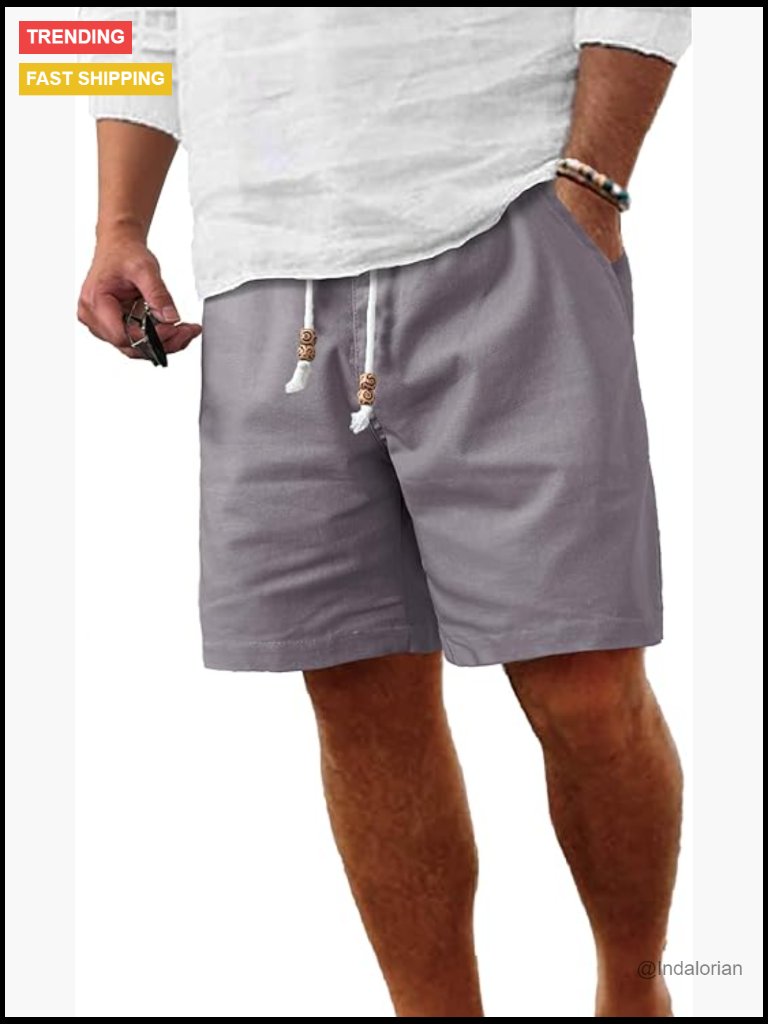 Men's Linen Shorts With Elastic Waist Drawstring And Pockets